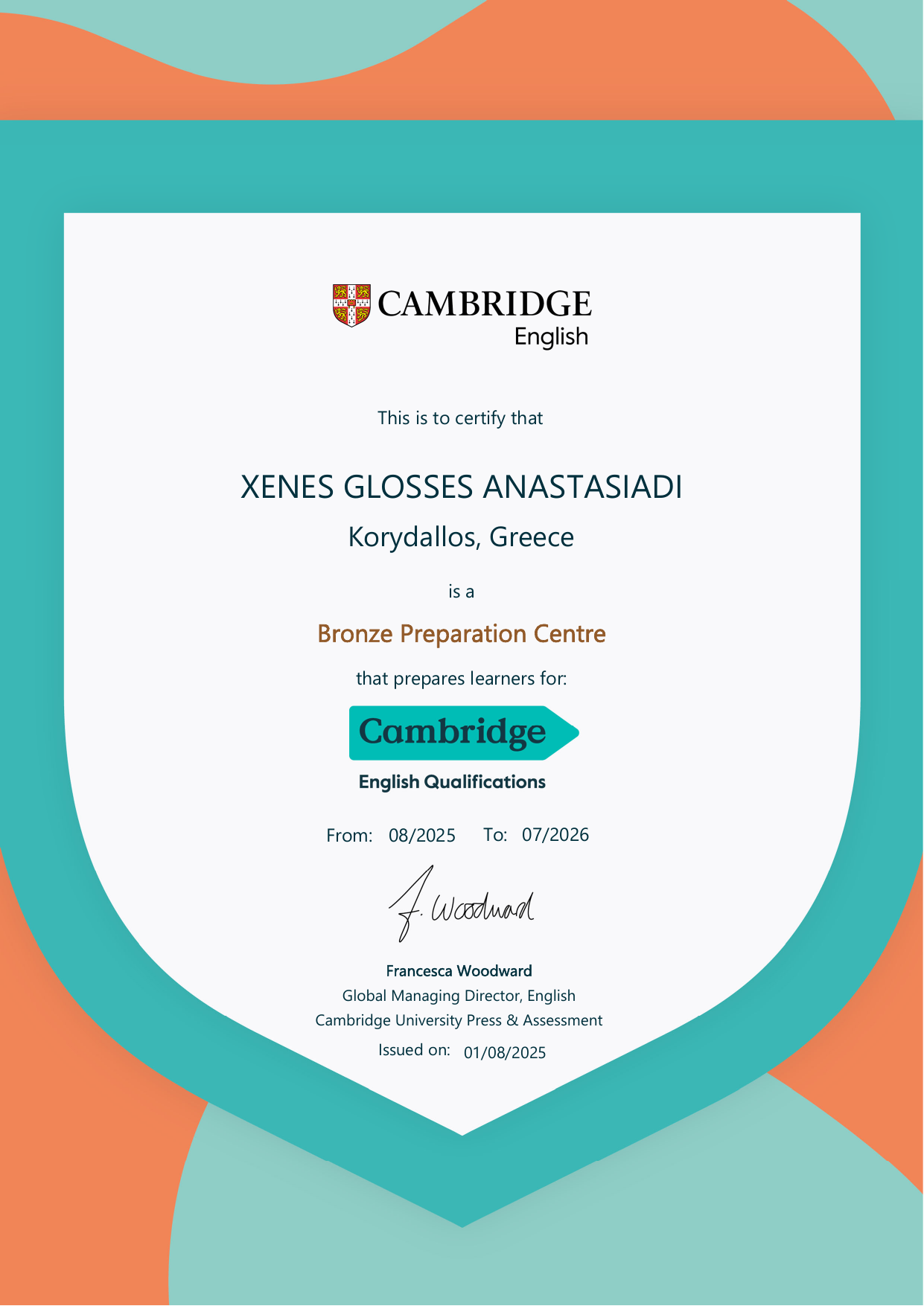 Cambridge Bronze Preparation Centre Certificate 2025-2026