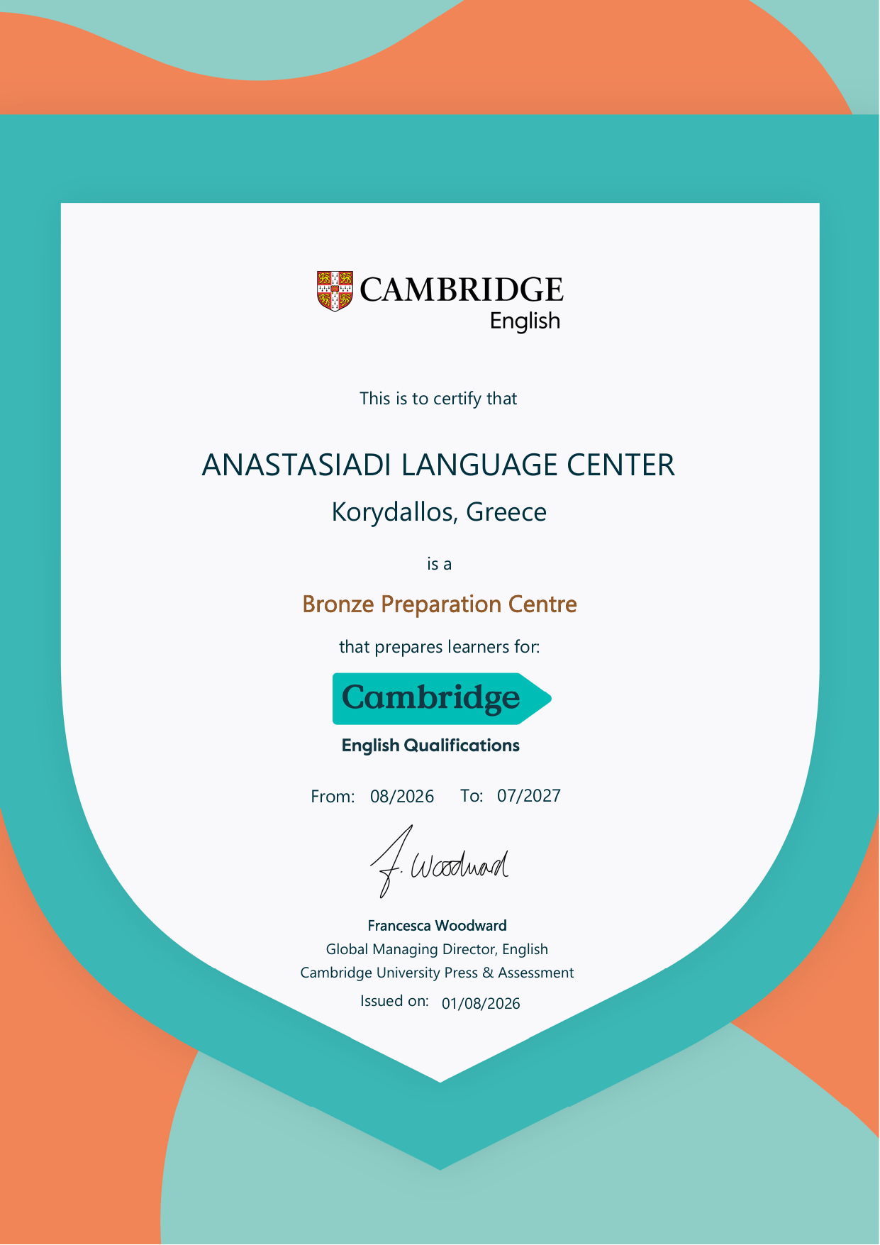 Cambridge Bronze Preparation Centre Certificate 2026-2027